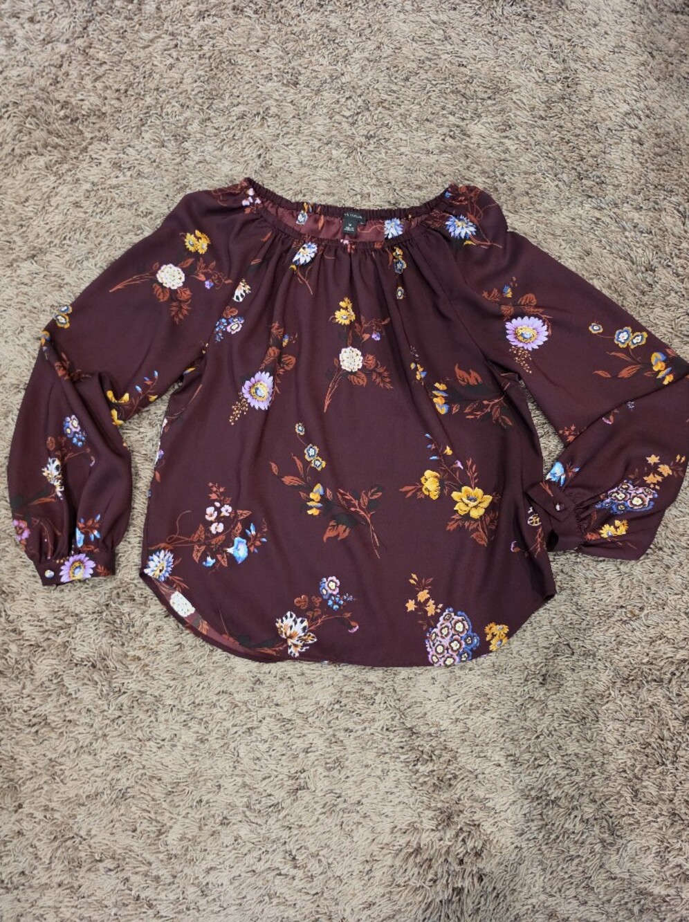 Ann Taylor Floral Long Sleeve Blouse Burgundy XS